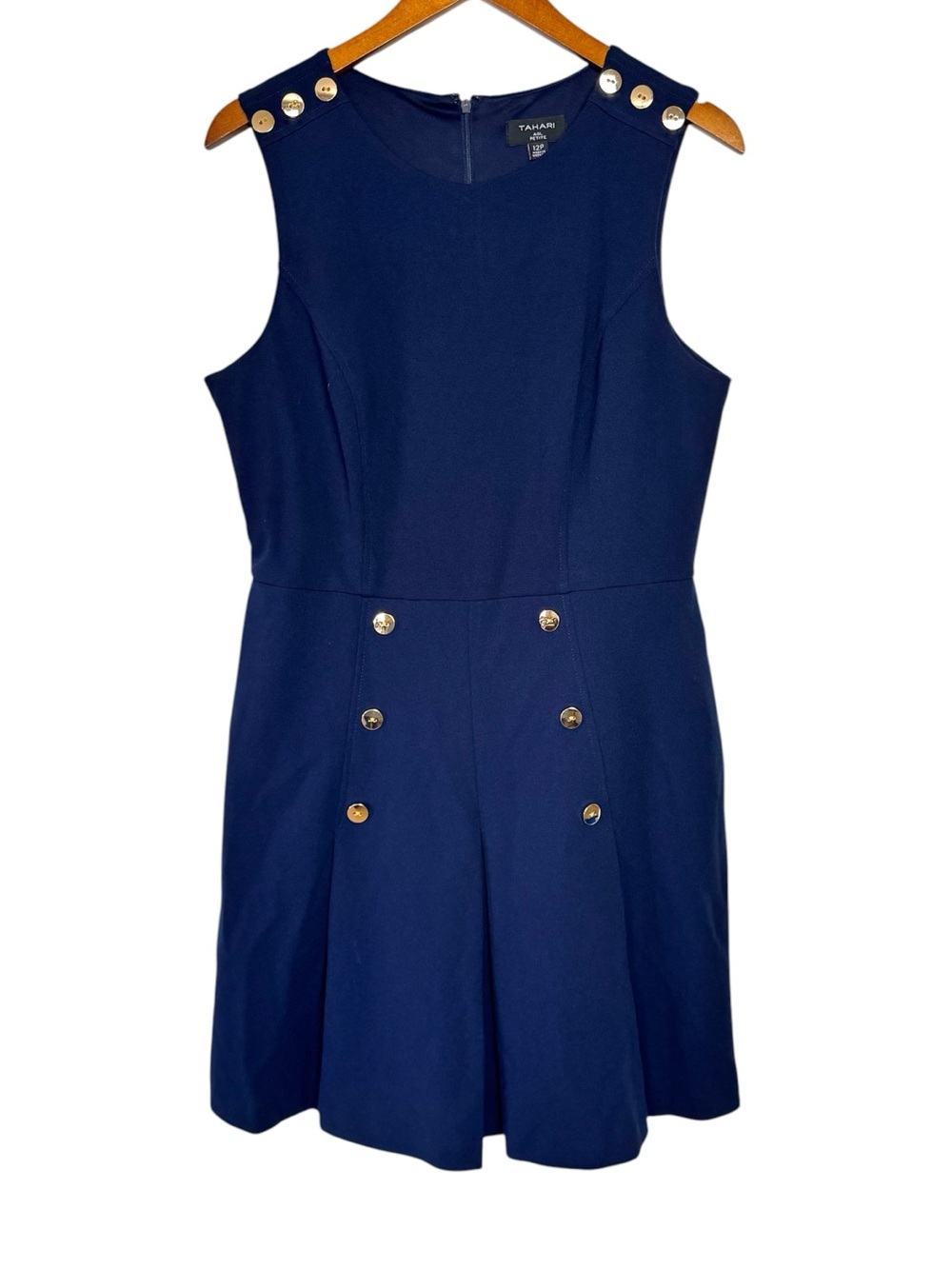 Tahari ASL Button Detail Sleeveless Crepe Dress in Navy Blue Size 12P NWT